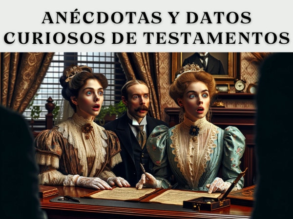 Imagen que representa una escena de finales del siglo XIX, en la que aparecen dos herederas de estilo victoriano con cara de asombro en una notaría. Las mujeres están vestidas a la moda típica de finales de la época victoriana, con elegantes vestidos y peinados de la época. Están sentadas en una notaría amueblada al estilo tradicional, donde el notario, también vestido a la usanza de la época, está leyendo un testamento. Todos los participantes, incluido el notario, muestran expresiones de asombro y perplejidad al oír las insólitas estipulaciones del testamento. El despacho tiene una decoración auténtica de finales del siglo XIX, con un escritorio de madera, documentos antiguos y decoraciones clásicas en las paredes que evocan la época victoriana.