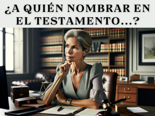 Imagen de una mujer caucásica de 45 años, con expresión concentrada, mientras medita profundamente sobre a quién dejar su patrimonio en su testamento, en una notaría. Debe tener una mirada pensativa y concentrada, tal vez con la mano en la barbilla. Lleva un vestido sofisticado adecuado para la ocasión. El despacho está elegantemente amueblado con un gran escritorio de madera, papeles legales y un ambiente profesional. El notario, parcialmente visible, espera pacientemente. Al fondo, una estantería llena de libros de derecho acentúa el ambiente jurídico.