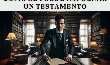 Un hombre de unos 45 años, vestido con traje formal y luciendo un rostro decidido, irrumpe en un despacho notarial. El despacho está elegantemente amueblado con un gran escritorio de madera, sillas clásicas, estanterías llenas de libros y documentos legales. El hombre está en primer plano, con una expresión de determinación y lleva en la mano un documento que parece ser un testamento. La escena transmite una atmósfera de tensión y urgencia.