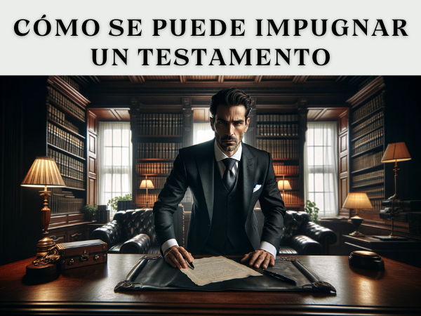 Un hombre de unos 45 años, vestido con traje formal y luciendo un rostro decidido, irrumpe en un despacho notarial. El despacho está elegantemente amueblado con un gran escritorio de madera, sillas clásicas, estanterías llenas de libros y documentos legales. El hombre está en primer plano, con una expresión de determinación y lleva en la mano un documento que parece ser un testamento. La escena transmite una atmósfera de tensión y urgencia.