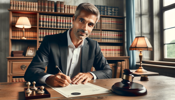 Un hombre caucásico de 45 años está en una notaría firmando un testamento. Está sentado ante un escritorio tradicional de madera, rodeado de documentos legales y un sello notarial. El hombre lleva el pelo corto y bien peinado y viste un traje formal. El despacho tiene un diseño clásico, con estanterías llenas de libros de derecho, una lámpara de época y una gran ventana con cortinas. El ambiente es serio y profesional.