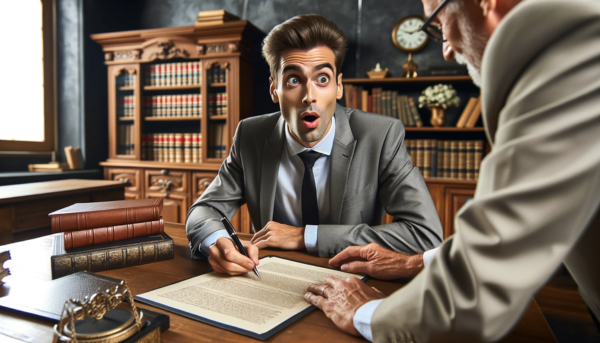 Imagen de un hombre caucásico de 45 años, de aspecto sorprendido, en una notaría, firmando un testamento. Lleva el pelo corto, camisa formal y corbata. El despacho está amueblado de forma tradicional, con un gran escritorio de madera, pilas de documentos legales y una decoración clásica. El notario, parcialmente visible, le asiste. La sala tiene un ambiente formal y profesional, con una estantería llena de libros jurídicos al fondo.