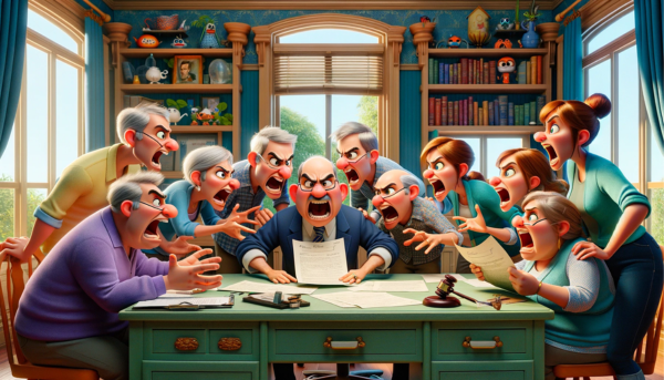 Imagen horizontal hiperrealista al estilo Pixar que representa a varios hermanos de unos 40 años discutiendo acaloradamente en una notaría mientras leen el testamento de su difunto padre y se reparten la herencia. La escena debe ser vibrante y animada, capturando la estética única de Pixar de expresiones faciales exageradas y posturas dinámicas. La oficina está diseñada con detalles caprichosos, como estanterías de colores y objetos decorativos imaginativos. El notario, representado de forma juguetona pero profesional, observa la situación con expresión perpleja. https://testamentogratis.online/