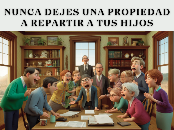 Imagen horizontal hiperrealista al estilo Pixar que representa a varios hermanos de unos 40 años discutiendo acaloradamente en una notaría mientras leen el testamento de su difunto padre y se reparten la herencia. La escena debe ser vibrante y animada, capturando la estética única de Pixar de expresiones faciales exageradas y posturas dinámicas. La oficina está diseñada con detalles caprichosos, como estanterías de colores y objetos decorativos imaginativos. El notario, representado de forma juguetona pero profesional, observa la situación con expresión perpleja. https://testamentogratis.online/